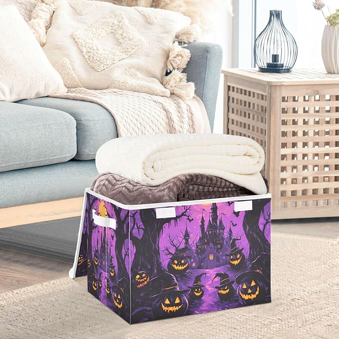 Collapsible Storage Bins with Lids Decorative Fabric Storage Cubes Closet Organizer and Storage Basket Boxes Containers for Clothes Box Chest Nursery Folding Rectangle Purple Castle Pumpkin