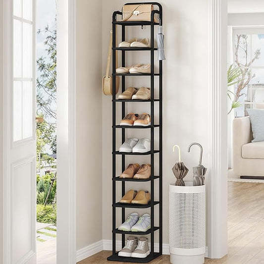 Vertical Shoe Rack, Shoe Shelves, Wood Shoe Organizer for Closet, Entryway, Shoe Tower for Small Spaces, Free Standing, Adjustable, with 2 Hooks, 10 Tier Black SR11204B