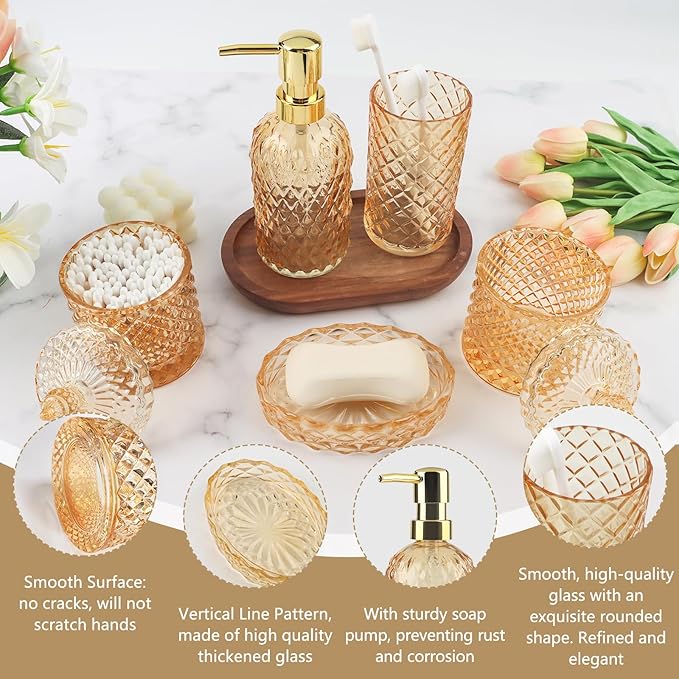 5Pcs Clear Gold Bathroom Accessories Set,Glass Bathroom Accessory Set, Bathroom Counter Sink Toothbrush Holder Set Includes Hand/Lotion Soap Dispenser & Tumbler & Soap Dish & Qtip Holders