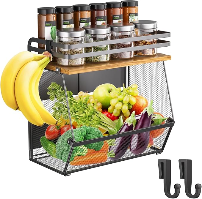 Magnetic Shelf for Fridge with Wood Lid, Large Capacity Magnetic Spice Rack for Refrigerator Kitchen Storage Bin for Fruit, Onion, Potatoes, Storage Organizer for Counter & Cabinet, Mesh Basket