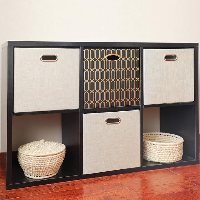 Posprica Storage Bins, Storage Cubes,13Ã13 Fabric Drawers Organizer Basket Boxes Containers (13Ã13Ã13/4pcs, Black/gold geometry Pattern)