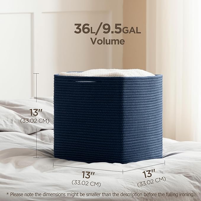 joybest 13x13x13 Inch Cube Storage Bins Set of 4, Cotton Rope Woven Organizer Basket for Shelves, Cube Bin Square Shelves Organizer Closet Storage, Nursery, Toy Organization, Navy Blue