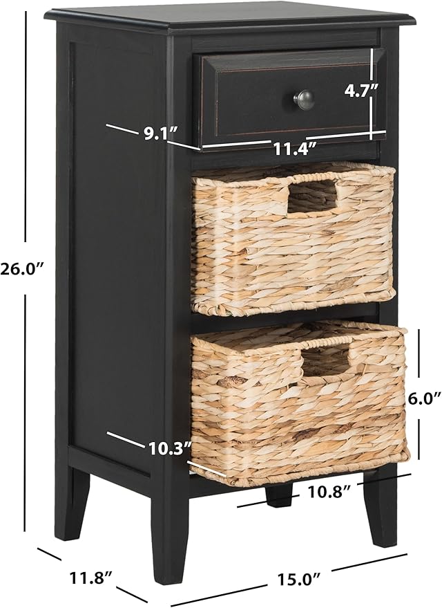 SAFAVIEH Home Collection â Everly Distressed Black 3-Drawer Side Table with Woven Basket Storage, Fully Assembled Farmhouse Accent Table (AMH5743A)