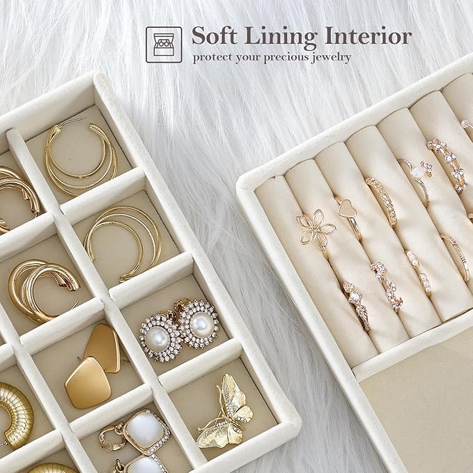 ProCase Stackable Jewelry Organizer Trays for Drawers, Jewelry Drawer Inserts Container Display Case Storage for Earring Necklace Rings Bracelet with Removable Dividers -Cream Beige, 4 Layers