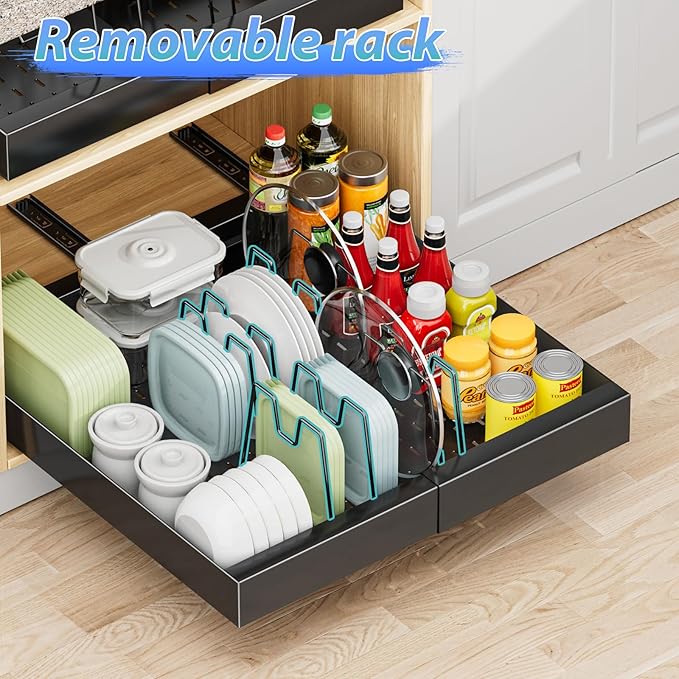 OVICAR Expandable Cabinet Organizer Drawer - Pull Out Cabinet Drawers 21" Deep Adhesive Slide Out Storage Shelf with 4pcs Divider Racks for Kitchen Pantry Bathroom Home, 12.2"-20.7" W, Black