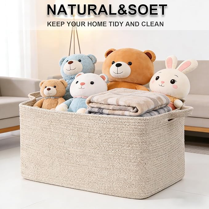 Magazine & Newspaper Baskets,Large Woven Rope Blanket Basket,24"x16"x15"Storage Bin with Handle,Toys Storage,Laundry Basket for Home Organization/Living Room/Nursery/Bedroom,Brown
