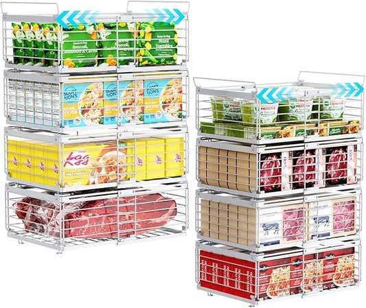 iSPECLE 8 Pack Freezer Organizer Bins, Adjustable Wire Baskets for 10 to 20 Cu.Ft Chest Freezer, Stackable Storage with Handles, Deep Freeze Organizer for Meat & Vegetables, White