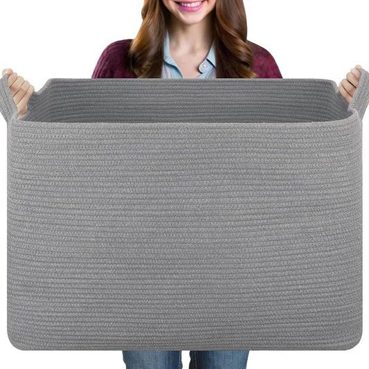 108L Extra Large Blanket Basket, 24.8" x 16.2" x 16.2" Rectangle Woven Storage Baskets for Living Room, Nursery, Bedroom, Toy Basket with Handle (Dark Grey)