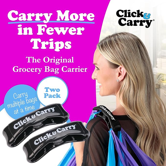 Click & Carry Grocery Bag Carrier Handle - Carry More in Fewer Trips, 100lb Capacity, Hands-Free, Gel-Padded Ergonomic Design, Shopping & Grocery Bag Holder - As Seen On Shark Tank, Black, 2 Pack