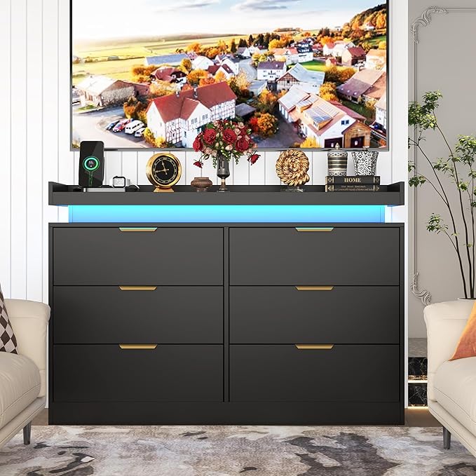 6 Drawer Dresser for Bedroom, Black Dresser with LED Lights and Power Outlet, Modern Chest of Drawers for Closet, Double Wide Drawer Organizer Cabinet for Bedroom, Living Room, Entryway, Hallway