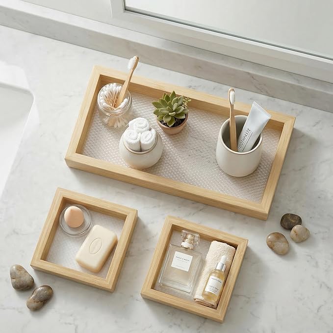Bathroom Vanity Tray Set 3 - Wooden Decorative Tray for Toilet Tank, and Coffee Table Organizer, Wood Color