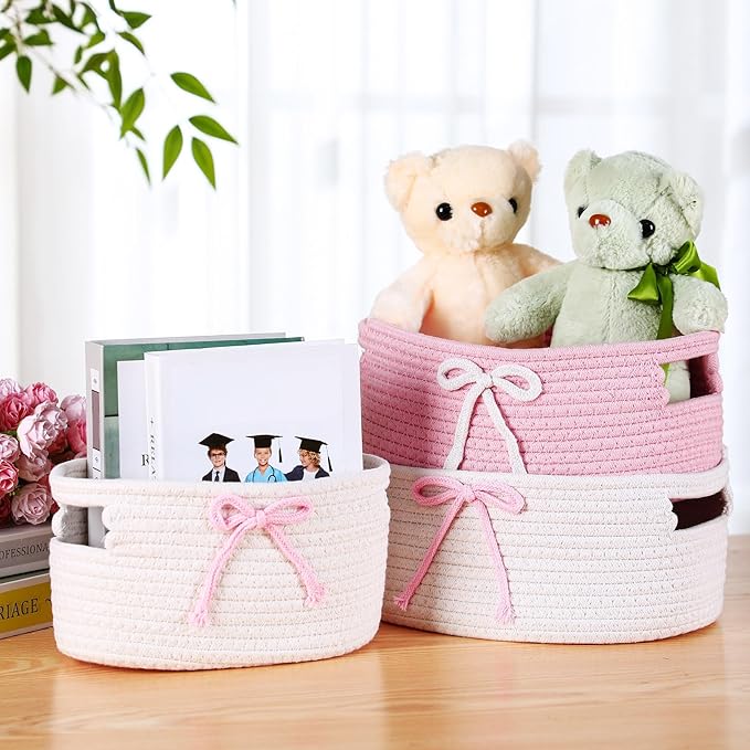 Breling 3 Pieces Pink Bow Baskets Coquette Bow Cotton Rope Storage Basket Pink Woven Gift Baskets Laundry Hamper Rope Bin with Handles for Decoration Organization Storage for Nursery, Pet Toy Basket