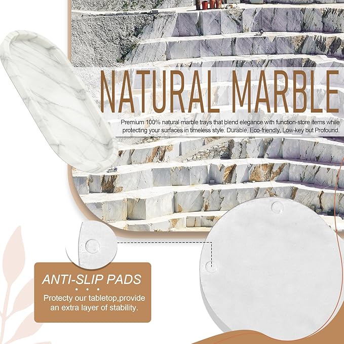 Natural Marble Tray, White Stone Tray, Vanity Decorative Tray for Countertop, Catchall for Perfume, Candles, Skincare, Jewelry Dish, Bathroom Tray, Hotel Supplies