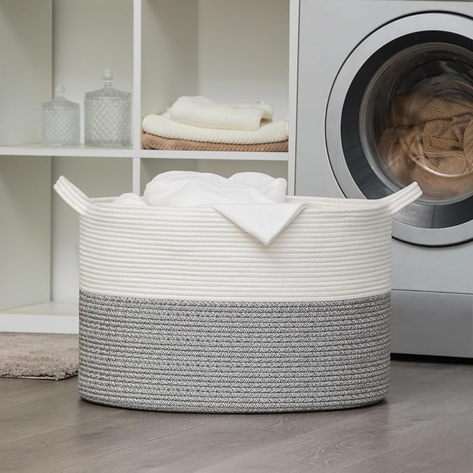 XXXLarge Woven Cotton Rope Basket (21.7" x 13.8") 90L – Blanket Basket for Living Room, Laundry Hamper, Baby Laundry Hamper, Toy Storage, Pillows & Cushions Organizer (White&Grey)
