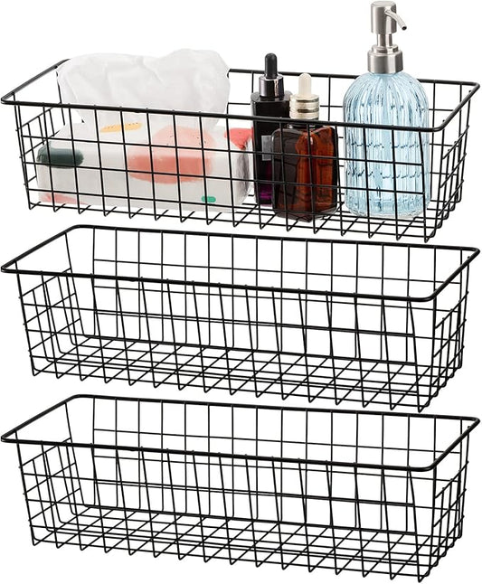 Hedume 3 Pack Metal Wire Storage Organizer Basket, 16.2" x 6.3" x 4.4" Bin Basket with Handles, Versatile Organizer for Kitchen, Pantry, Closet, Laundry Room, Cabinets, Bathroom - Black