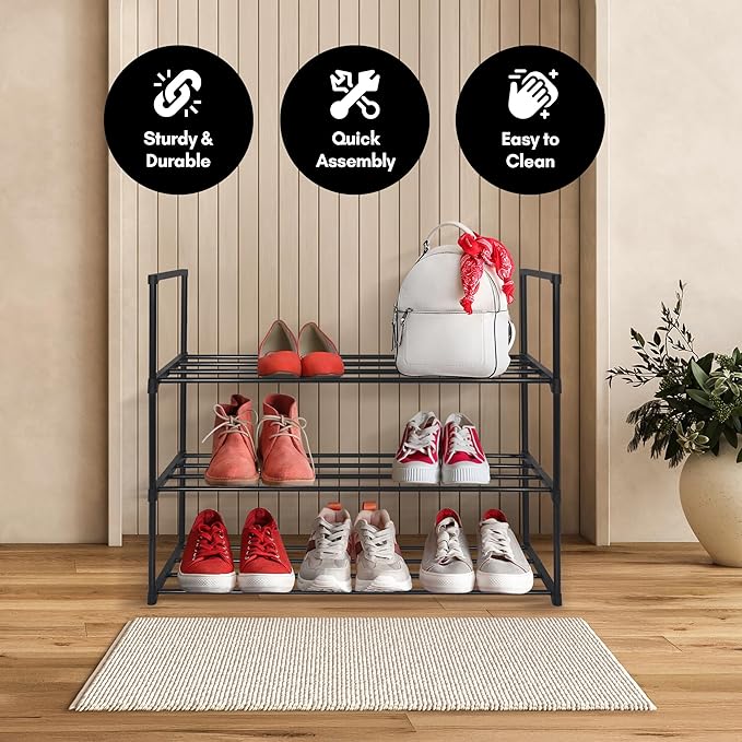 Americanflat Shoe Organizer - 3 Tier Shoe Rack Storage Shelf with Sturdy Steel Frame - Ideal for Closets, Entryways, or Garages - Space-Saving Design and Easy to Assemble - Black
