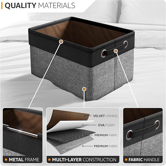 Sorbus Fabric Storage Cubes 15 Inch- Big Sturdy Collapsible Canvas Storage Bins with Dual Handles- Foldable Closet Cubes- Decorative Storage Baskets for Shelves | Home & Office Use- 3 Pack| Grey/Tan