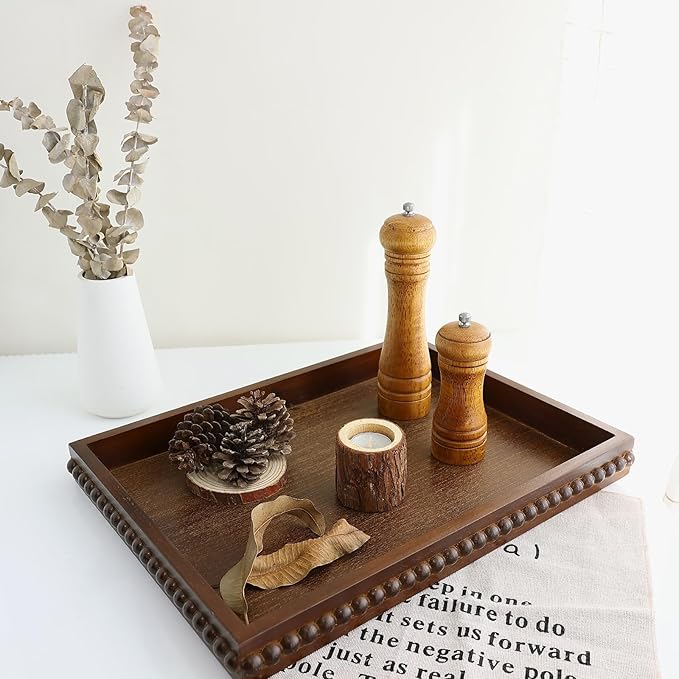Wood Decorative Tray, Distressed Outdoor Serving Tray with Wooden Bead for Ottoman, Coffee Table, Entertaining, Home Decor, Rectangular 15.7â*11.8â*1.57â (Dark Brown)
