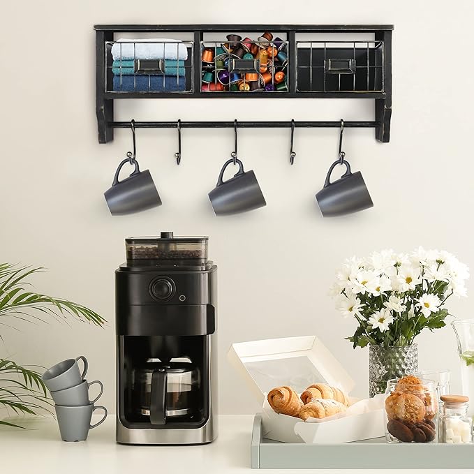 HBCY Creations Wall Mounted Shelf with Coat Hooks and Baskets, Solid Wood Entryway Organizer Wall Shelf with Hooks - Hang Coats, Keys or Coffee Mugs, Rustic Blackwash 24" Wide