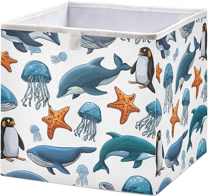Blueangle Sea Animals Cube Storage Bin, 11 x 11 x 11 in, Large Collapsible Organizer Storage Basket for Home Décor