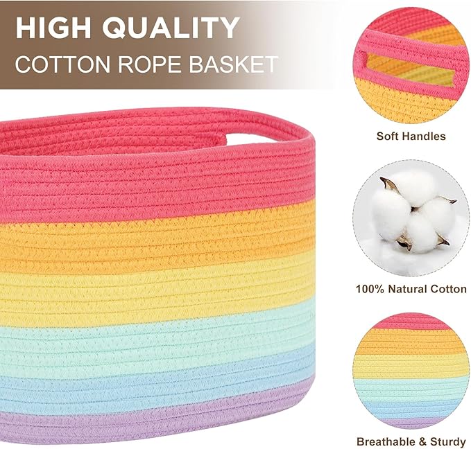Temary Woven Baskets for Storage 3 Pack Storage Baskets for Organizing, Rectangle Decorative Rope Baskets for Storage Clothes, Towels, Storage Bins with Handles (Rainbow, 13"x9.8"x8.5")
