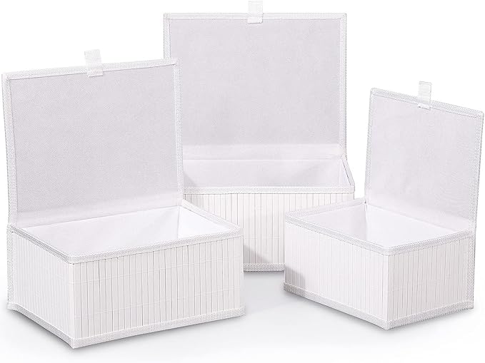 Honygebia Bamboo Decorative Storage Boxes - Set of 3 Woven Lined Storage Basket with Lids, White Wicker Lidded Baskets for Home Kitchen Shelf Organizer Decor