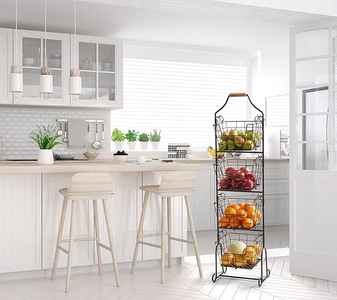 Gourmet Basics by Mikasa Ferme Adjustable 2, 3 or 4 Tier Metal Floor Standing Market Basket for Fruit & Home Storage, Antique Black