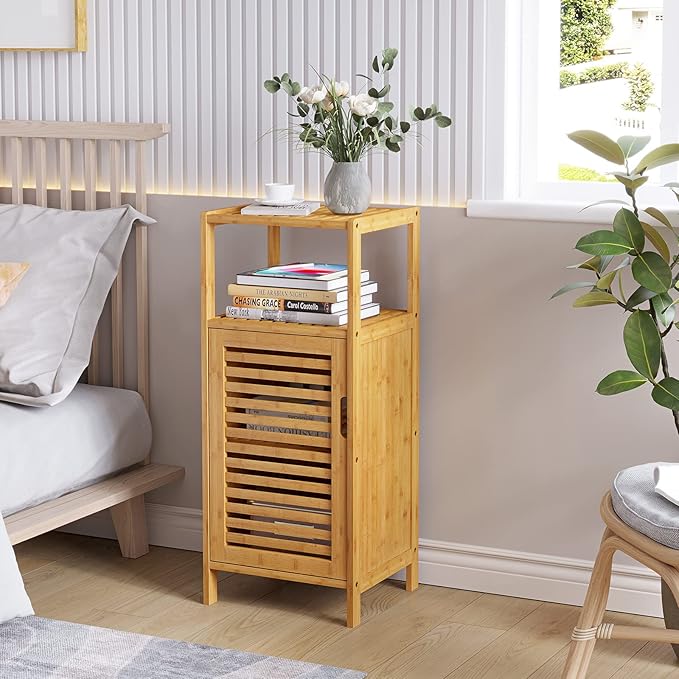 VIAGDO Bamboo Cabinet, Bathroom Storage Cabinet with Single Door and Shelf, Freestanding Bathroom Cabinet, Kitchen Cupboard, Sofa Side Table for Living Room/Hallway/Kitchen