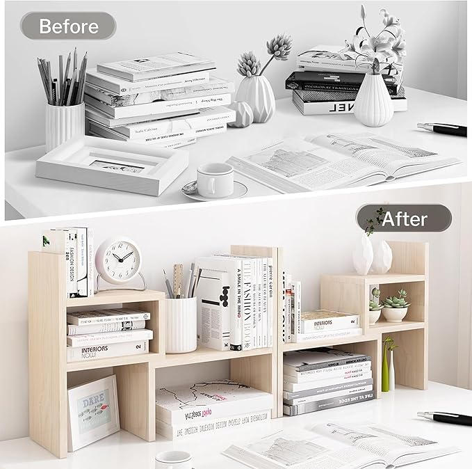 Jerry & Maggie Desktop Organizer Office Storage Rack Adjustable Wood Display Shelf Birthday Gifts Toy Home Decor Free Style Rotation Display True Natural Stand Shelf (White Wood Tone/2 Pack)