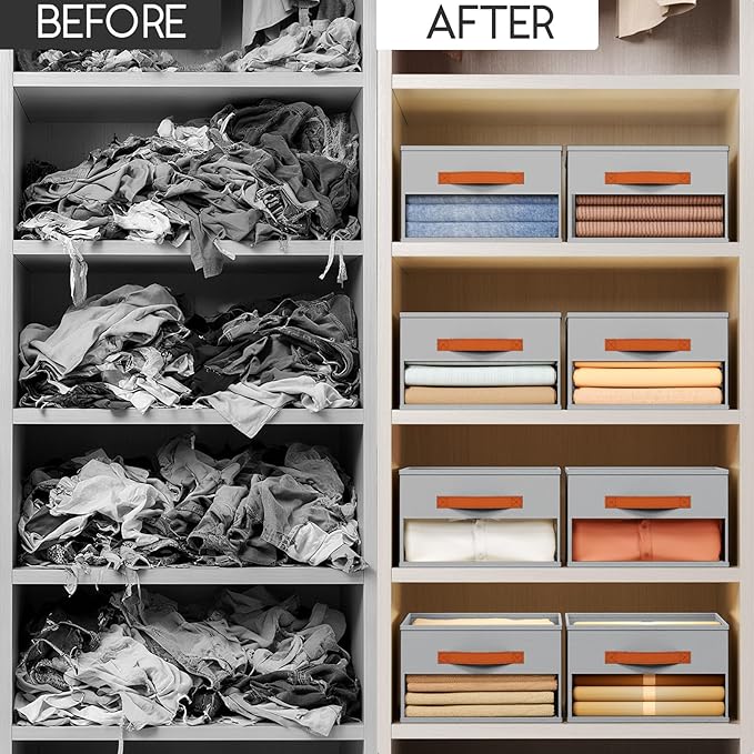 Drawer Organizers and Storage - 10 Pack Foldable Pants Organizer with Clear Window & Handles, Fabric Closet Organizer for Clothes, Jeans, Sweaters, Towels, T-shirt, Scarf (Grey)