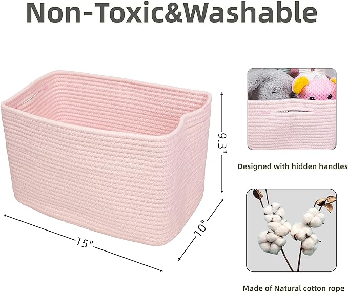 Cotton Rope storage Basket Bins Woven Basket for Organizing Shelves 15X10X9.3" Rectangle Decorative Baskets For storage Clothes Toys Books Towels Nursery basket organizer 3 pack light pink