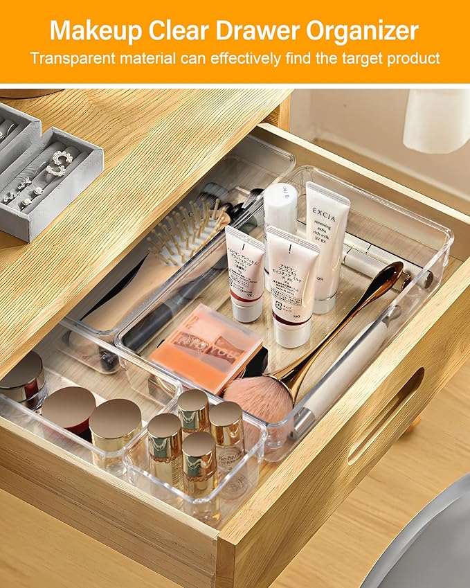 25 PCS Clear Plastic Drawer Organizers and Dividers, 4 Sizes Stackable Drawer Storage Bins and Organizer Trays for Bathroom, Kitchen, Office, Makeup, Vanity, Utensils, and Crafts