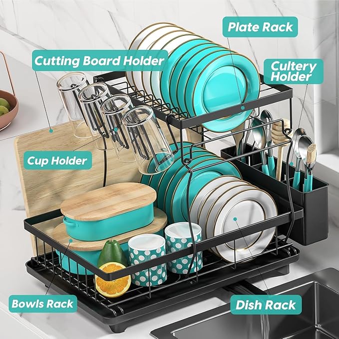 MERRYBOX Dish Drying Rack Large Capacity 2 Tier Dish Drying Rack Multifunctional Rustproof Dish Racks for Kitchen Counter with Large Utensil Holder, Cup Holder, Black