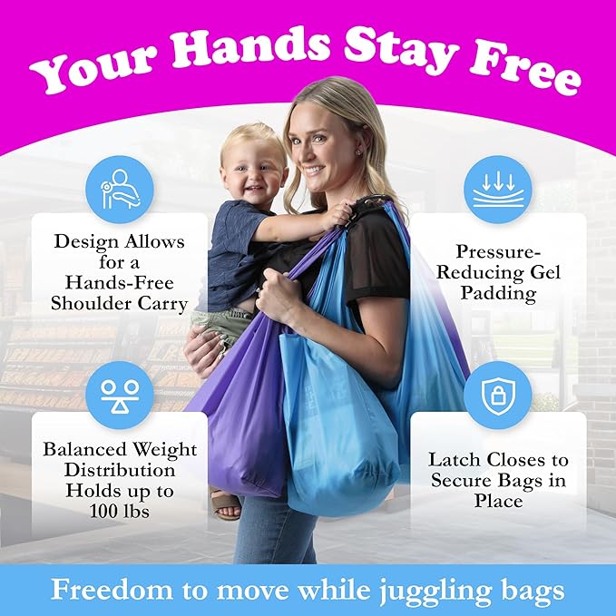 Click & Carry Grocery Bag Carrier Handle - Carry More in Fewer Trips, 100lb Capacity, Hands-Free, Gel-Padded Ergonomic Design, Shopping & Grocery Bag Holder - As Seen On Shark Tank, Black, 2 Pack