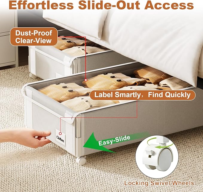 2Pack Under Bed Storage with Wheels,6.7"-9" Adjustable Height Underbed Storage,Under Bed Storage Containers,Rolling Under Bed Clothes Storage,Metal Under Bed Drawers for Shoes,Blankets,Toys