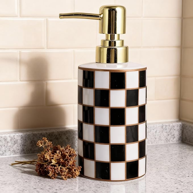 Checkered Bathroom Soap Dispenser,Gold Pump Ceramic Soap Dispenser,Kitchen Checkerboard Empty Pump Bottle,Bath Countertop Storage Organizer,Checkered Bathroom Decor (Black)