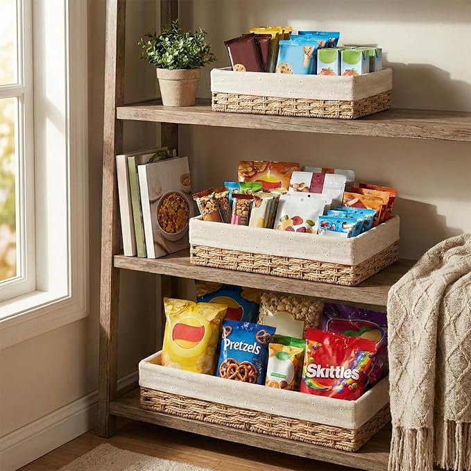 CT SUN Woven Storage Baskets for Shelves, 3-Piece Shallow Paper Rope Bins with 2 Sets of Liners (Cream & Daisy Print), Wicker Style Trays for Pantry, Bathroom, Kitchen Counter, Bread & Nursery