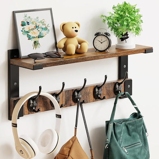 Wall Hooks with Shelf, Coat Rack Wall Mount for Coat Backpack Key Clothes Hanger, Wall Floating Shelf Hanging in Entryway, Living Room, Bathroom, Bedroom, Kitchen