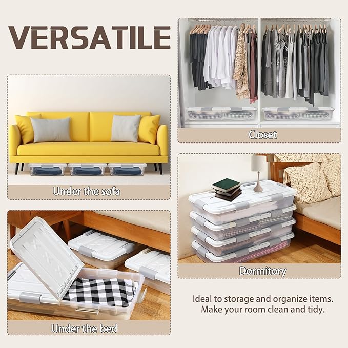 4 Pcs Plastic Under Bed Storage Container with Double Opening Lid Wheel Handle, Transparent Large Capacity Stackable Latching Festival Storage Bin for Closet Bedroom, 31.5x15.8x5.2 In(White)