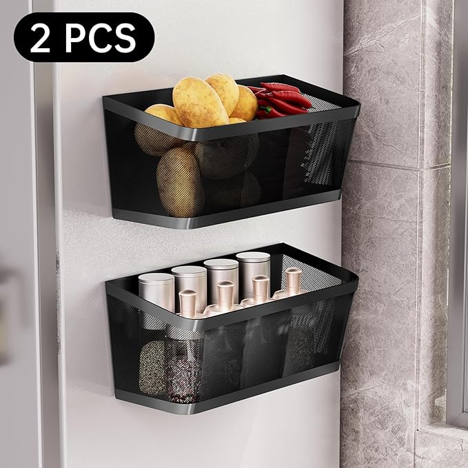 2Pcs Magnetic Spice Rack for Fridge Magnet Hanging Basket Holder for Seasonings Fruit Vegetables Coffee Beans Magnetic Organizer Shelf, Kitchen Refrigerator Organizers