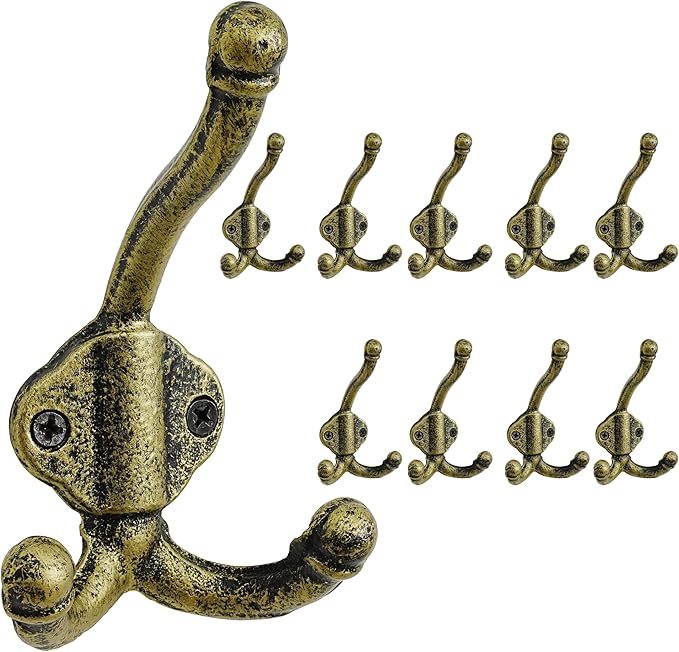 Dseap Cast Iron Wall Hooks L=5”, Heavy Duty Coat Hooks, Rustic Vintage Farmhouse Hook for Hanging Winter Coats Jackets Towels Hats Bags Plants, Antique Black& Gold, Pack of 10 (GripBold)