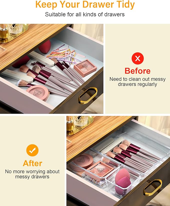25 PCS Clear Plastic Drawer Organizers and Dividers, 4 Sizes Stackable Drawer Storage Bins and Organizer Trays for Bathroom, Kitchen, Office, Makeup, Vanity, Utensils, and Crafts