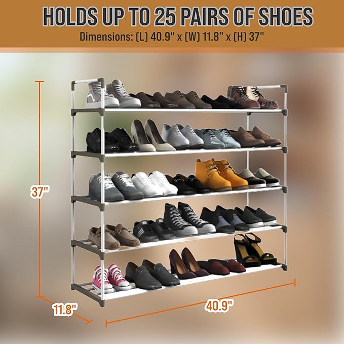 Home-Complete Shoe Rack – 5-Tier Shoe Organizer for Closet, Bathroom, Entryway – Shelf Holds 25 Pairs of Sneakers, Heels, and Boots (White)