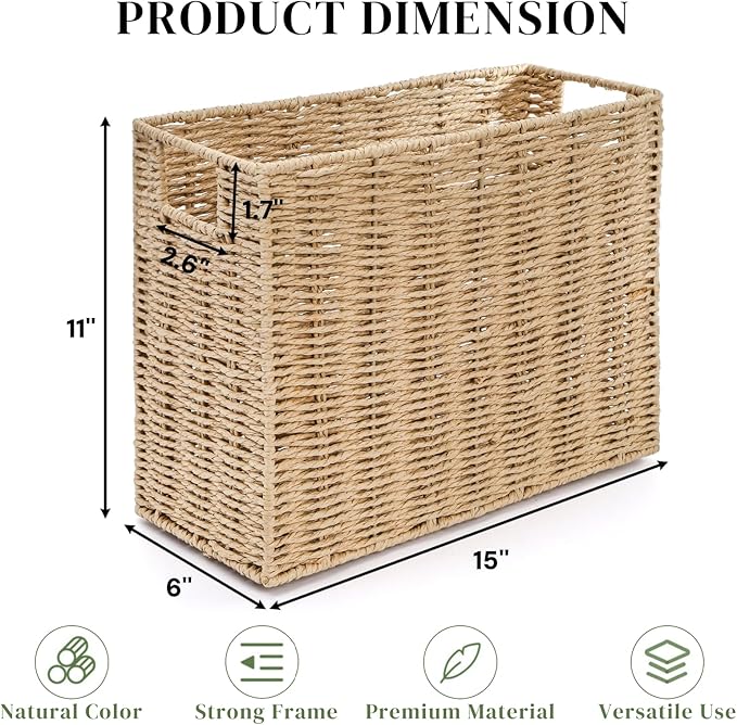 Woven Magazine Holder, Narrow Book Basket with Built-in Handles, Large 15'' x 6'' x 11'' File Storage Newspaper Organizer for Living Room, Bedroom, Office, Bathroom