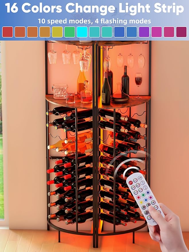 Corner Wine Rack with Led Strip Light Freestanding Floor with Wine Glass Holder 30 Bottle Wine Holder Rack Industrial Corner Liquor Cabinet Bar for Home Bar Kitchen Living Room (Rustic Brown)