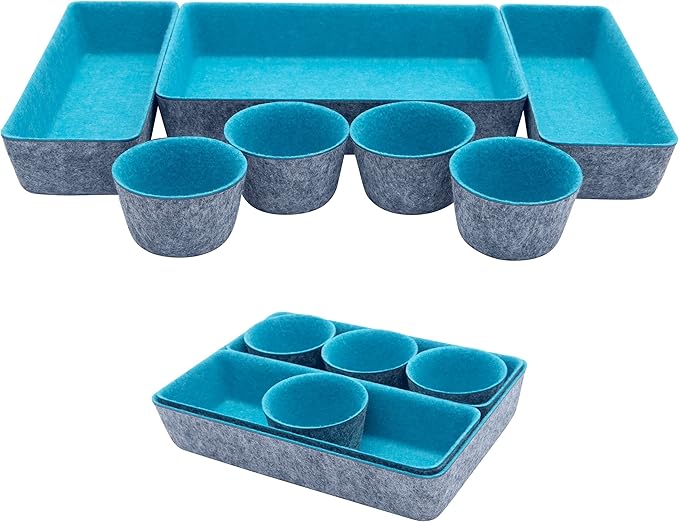 Teeo - Desk Organizer Drawer - Makeup Drawer Organizer Trays - Bathroom Drawer Organizer - Small Desk Organizer - Home Office Cosmetic Bins Dividers Compartment Organization - Pack of 7, Turquoise
