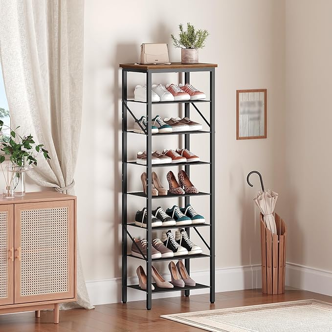 8-Tier Narrow Shoe Rack, Vertical Shoe Storage Organizer, for 8-16 Pairs, Shoe Shelf with Metal Frame, for Hallway, Entryway, Living Room, Rustic Brown and Black SRHR08401