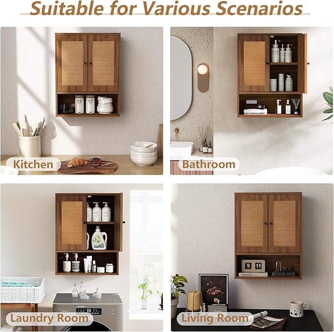 Bathroom Storage Cabinet,Rattan Cabinet Boho Chic Medicine Cabinet Over The Toilet Storage 3-Tier Cabinet Wall Mount with Double-Door for Kitchen,Dining Room,Living Room 19 x 7.68 x 24 in