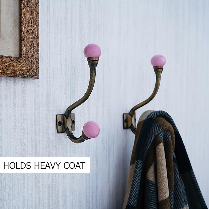 Indian Shelf Colorful Ceramic Double Wall Hooks - Vintage Boho Decorative - Heavy Duty Iron Hangers for Coats & Towels (6 Pack)