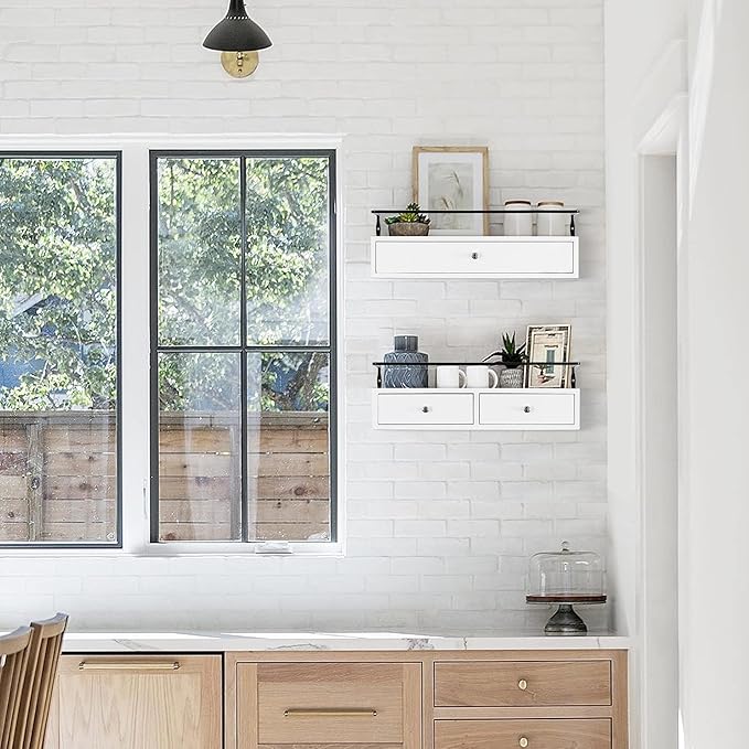 Floating Shelves for Wall Storage - Wall Mounted Bathroom Shelf Set of 2 with Drawers, Rustic Wood Shelves for Bedroom, Living Room, Kitchen, Home Decor, Plants, Books